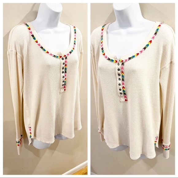 Free People Rainbow Thermal Henley Top Ivory M - Picture 11 of 16